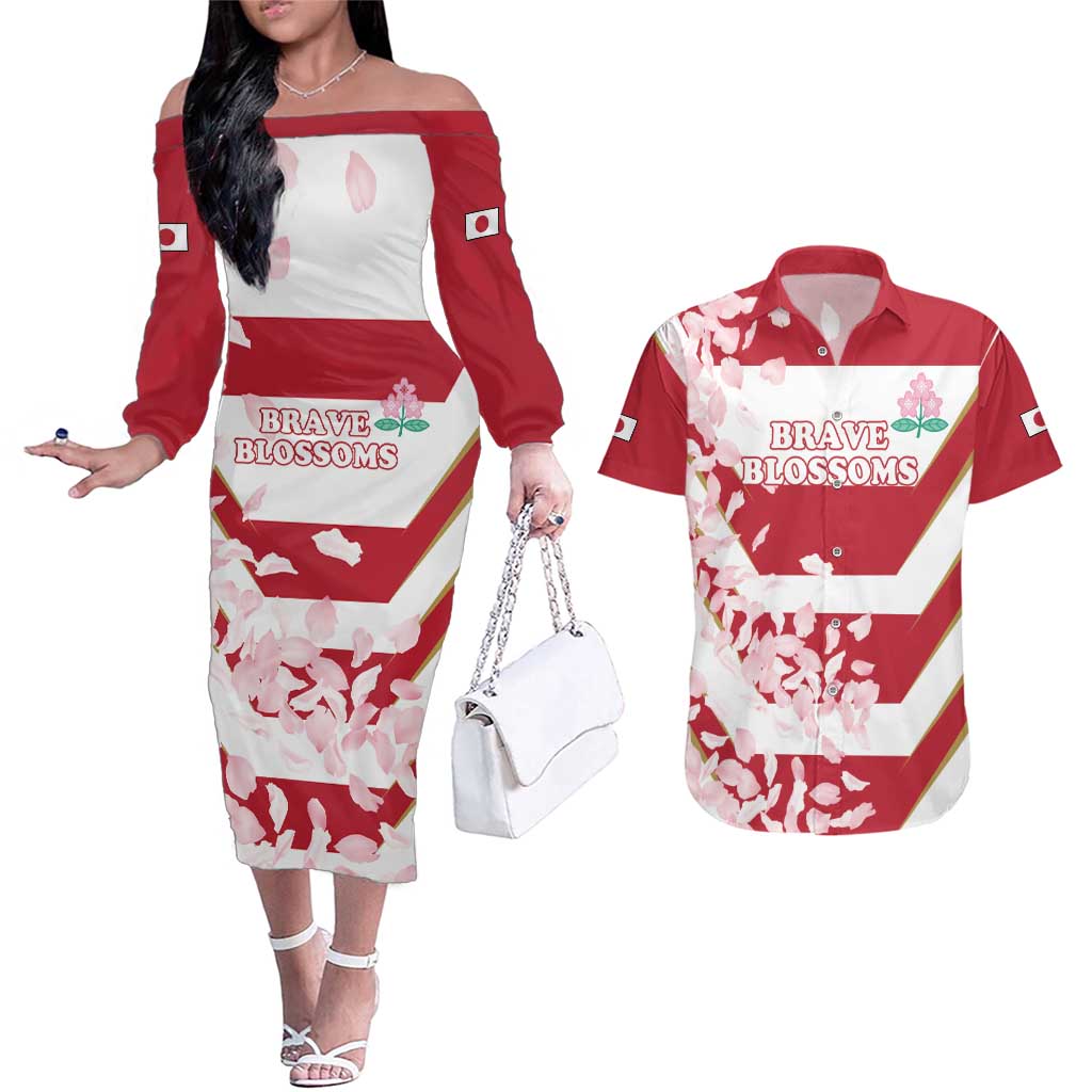 Custom Japan Rugby Couples Matching Off The Shoulder Long Sleeve Dress and Hawaiian Shirt Brave Cherry Blossoms Flying Petals - Wonder Print Shop