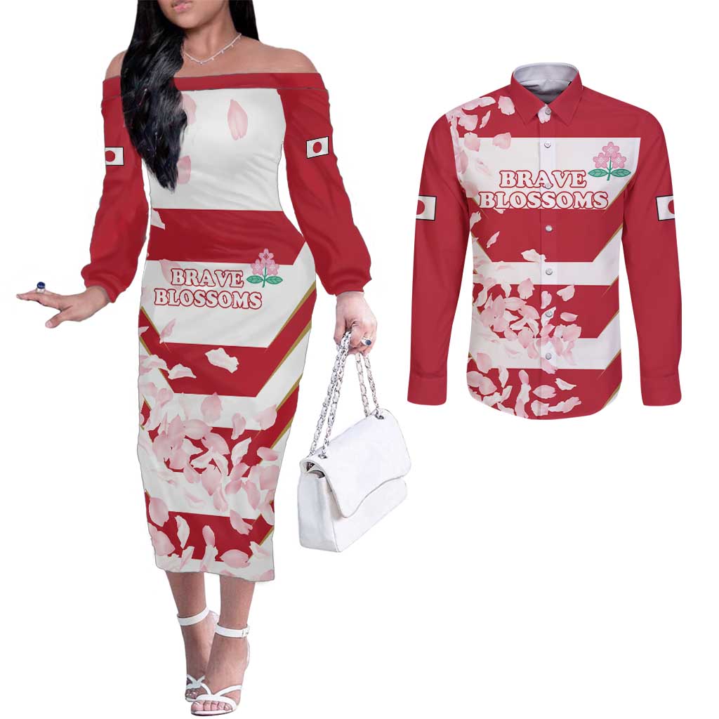 Custom Japan Rugby Couples Matching Off The Shoulder Long Sleeve Dress and Long Sleeve Button Shirt Brave Cherry Blossoms Flying Petals