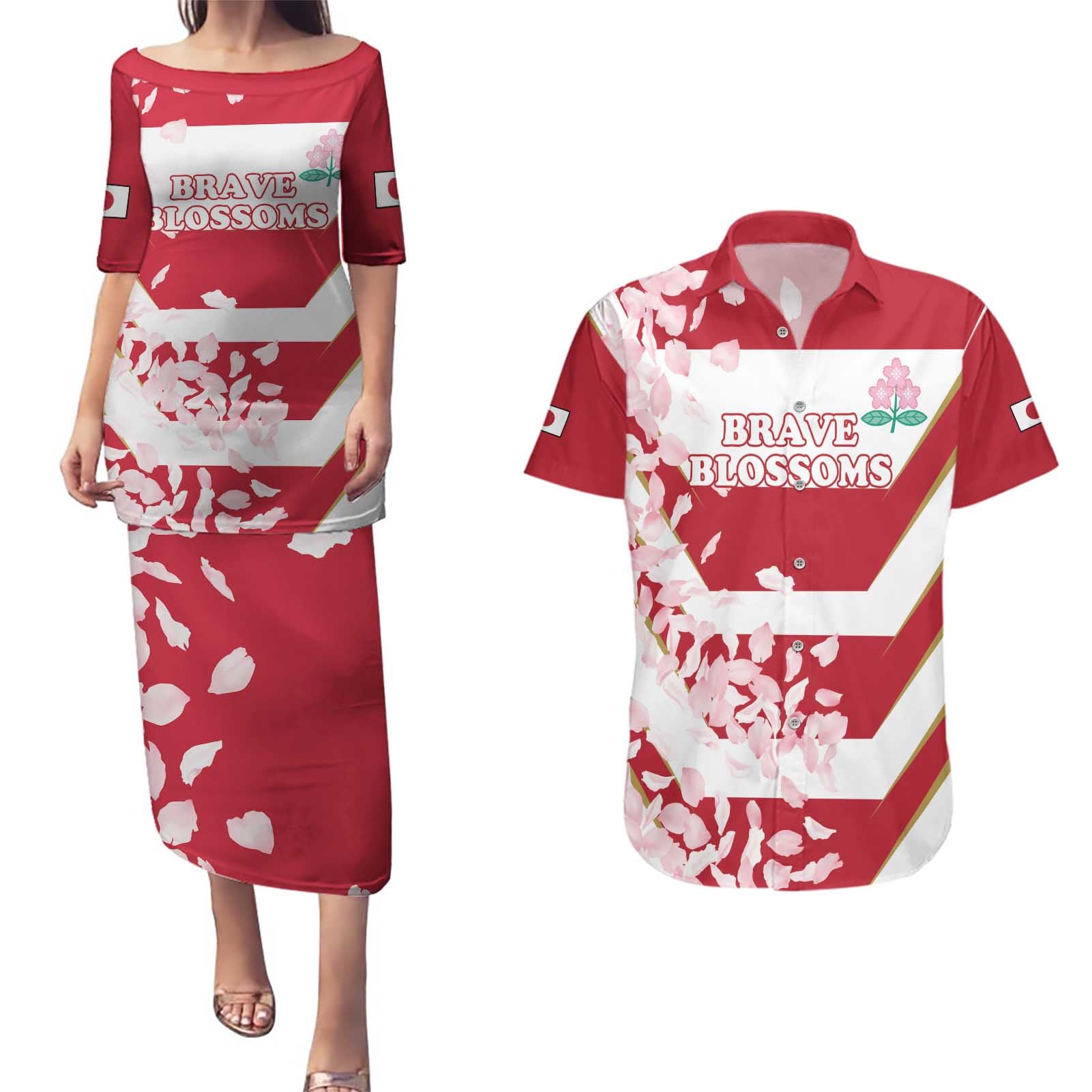 Custom Japan Rugby Couples Matching Puletasi and Hawaiian Shirt Brave Cherry Blossoms Flying Petals - Wonder Print Shop