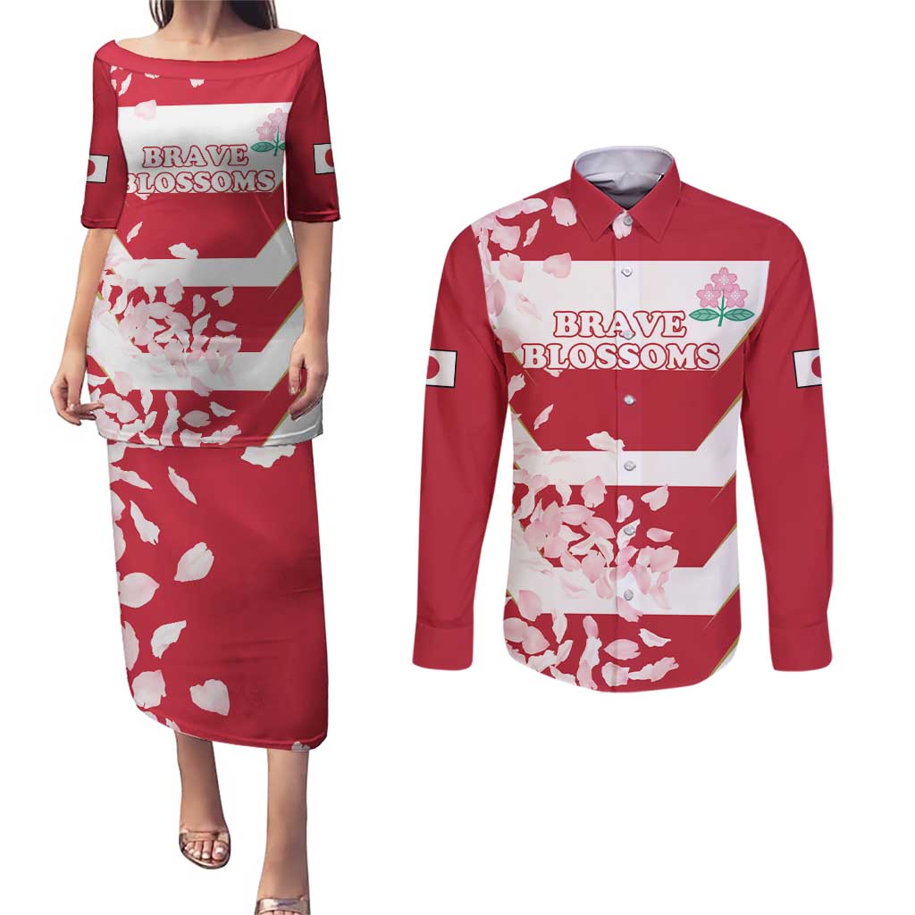 Custom Japan Rugby Couples Matching Puletasi and Long Sleeve Button Shirt Brave Cherry Blossoms Flying Petals - Wonder Print Shop