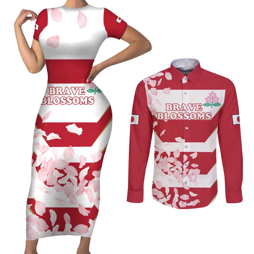 Custom Japan Rugby Couples Matching Short Sleeve Bodycon Dress and Long Sleeve Button Shirt Brave Cherry Blossoms Flying Petals - Wonder Print Shop