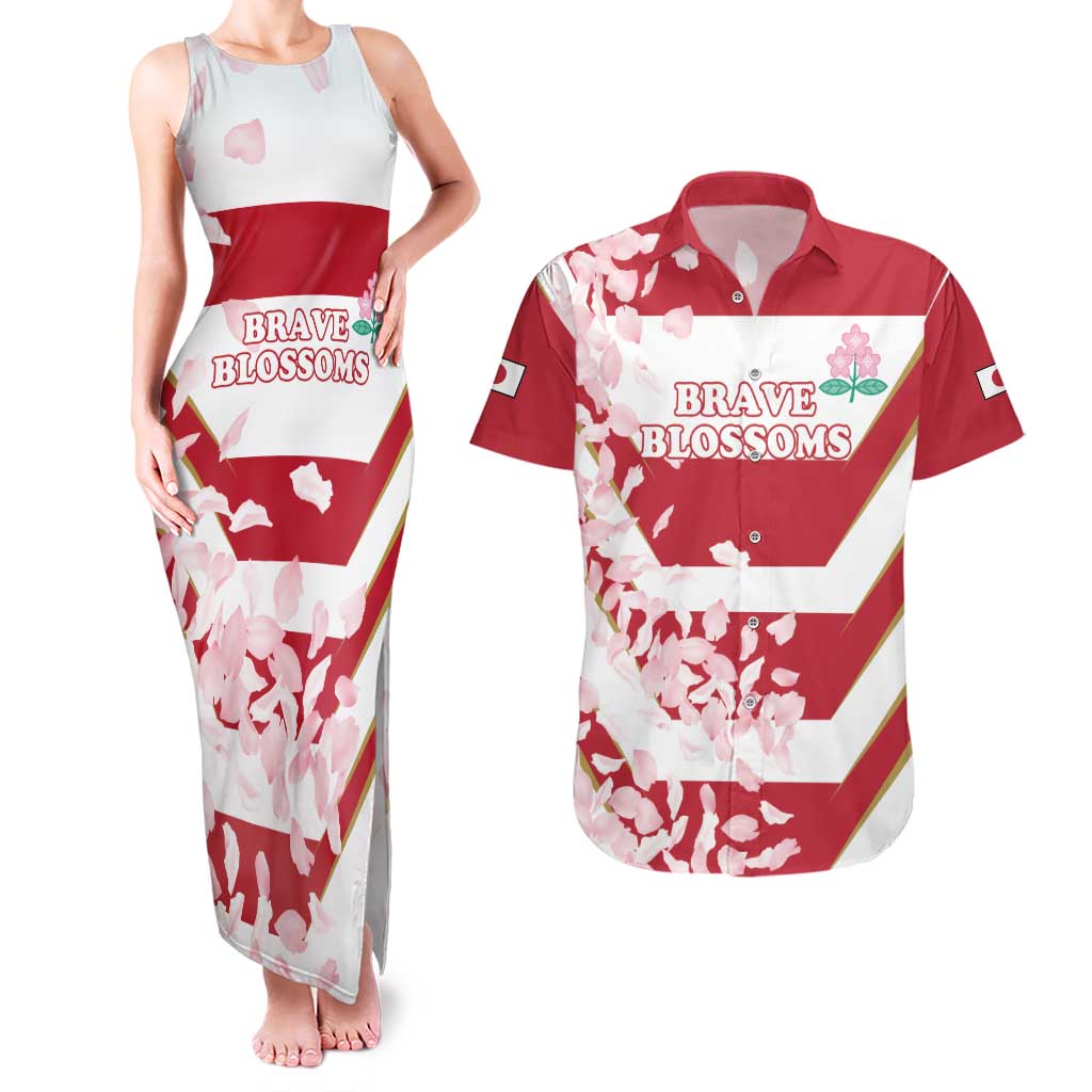 Custom Japan Rugby Couples Matching Tank Maxi Dress and Hawaiian Shirt Brave Cherry Blossoms Flying Petals - Wonder Print Shop