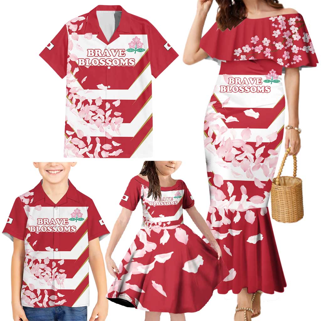 Custom Japan Rugby Family Matching Mermaid Dress and Hawaiian Shirt Brave Cherry Blossoms Flying Petals - Wonder Print Shop