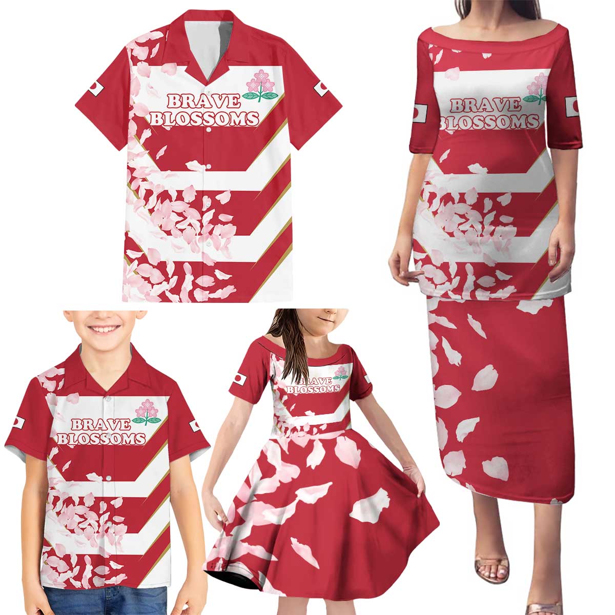 Custom Japan Rugby Family Matching Puletasi and Hawaiian Shirt Brave Cherry Blossoms Flying Petals - Wonder Print Shop