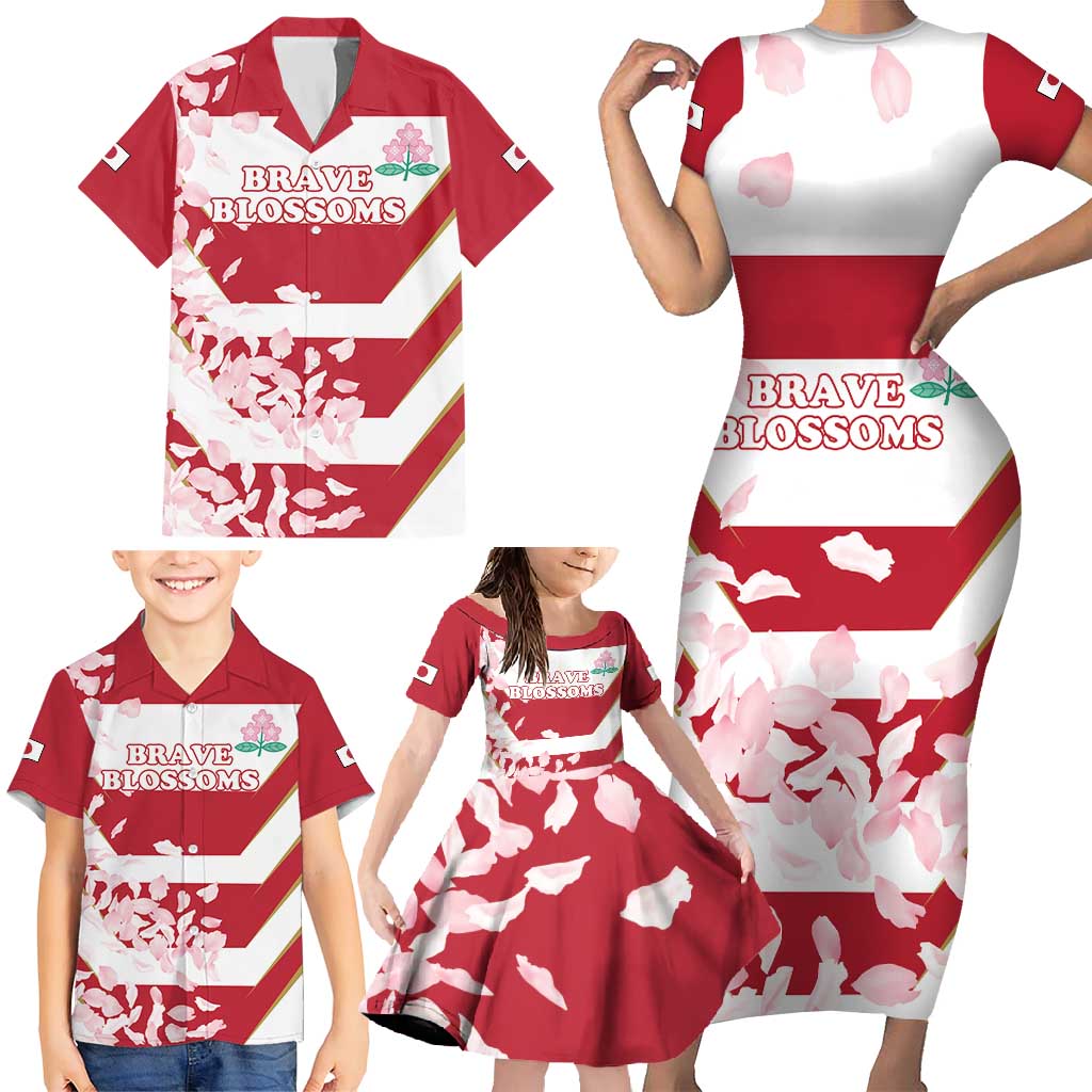 Custom Japan Rugby Family Matching Short Sleeve Bodycon Dress and Hawaiian Shirt Brave Cherry Blossoms Flying Petals - Wonder Print Shop