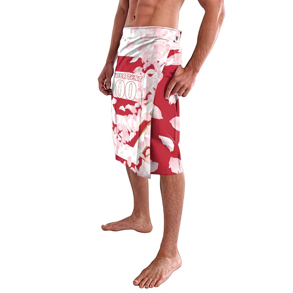 Red and white petal print wrap-style shorts with custom text