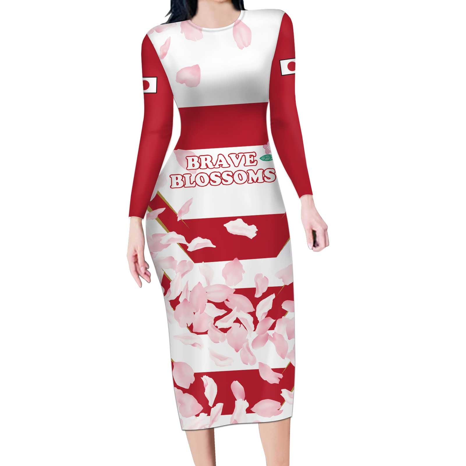 Custom Japan Rugby Long Sleeve Bodycon Dress Brave Cherry Blossoms Flying Petals - Wonder Print Shop