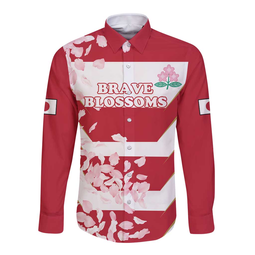 Red long-sleeve button rugby shirt with white cherry blossom and petal graphics