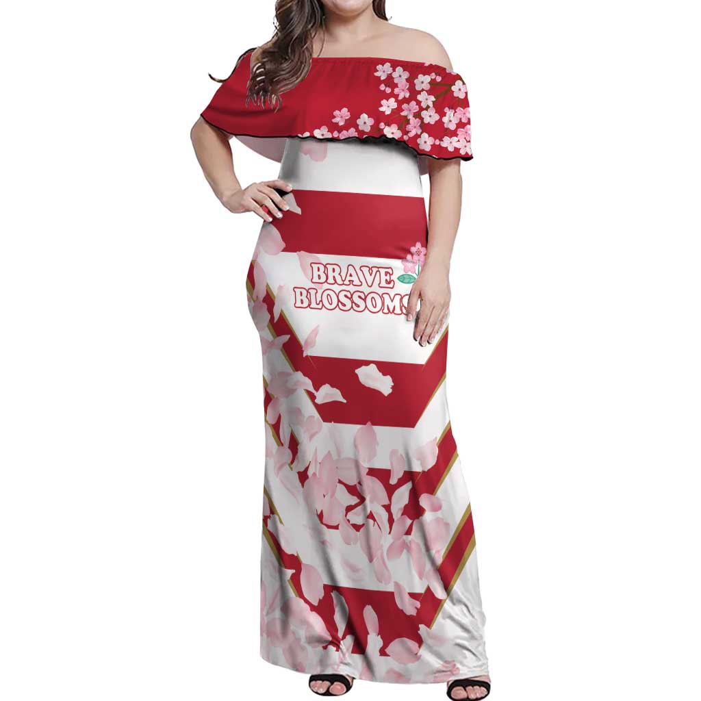 Custom Japan Rugby Off Shoulder Maxi Dress Brave Cherry Blossoms Flying Petals - Wonder Print Shop