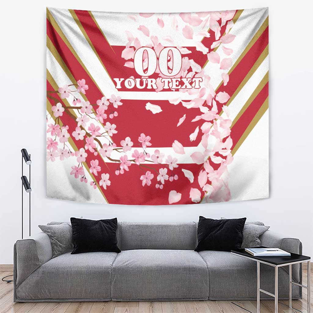 Cherry blossom tapestry with red diagonal stripes and centered '00 YOUR TEXT' 