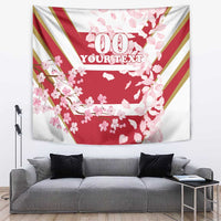 Cherry blossom tapestry with red diagonal stripes and centered '00 YOUR TEXT' 