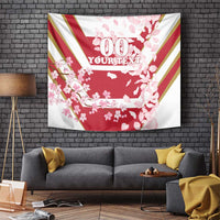 Cherry blossom tapestry wall hanging: red diagonal stripes, '00 YOUR TEXT' text
