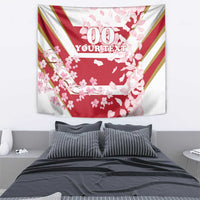 Red and white cherry blossom tapestry with diagonal stripes and '00 YOUR TEXT'