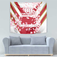 Red cherry blossom tapestry wall hanging with diagonal stripes and '00 YOUR TEXT'