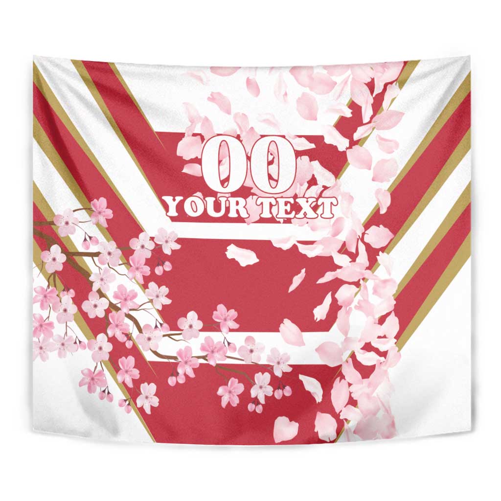 Cherry blossom tapestry with red diagonal stripes and large centered '00 YOUR TEXT'