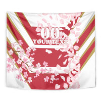 Cherry blossom tapestry with red diagonal stripes and large centered '00 YOUR TEXT'