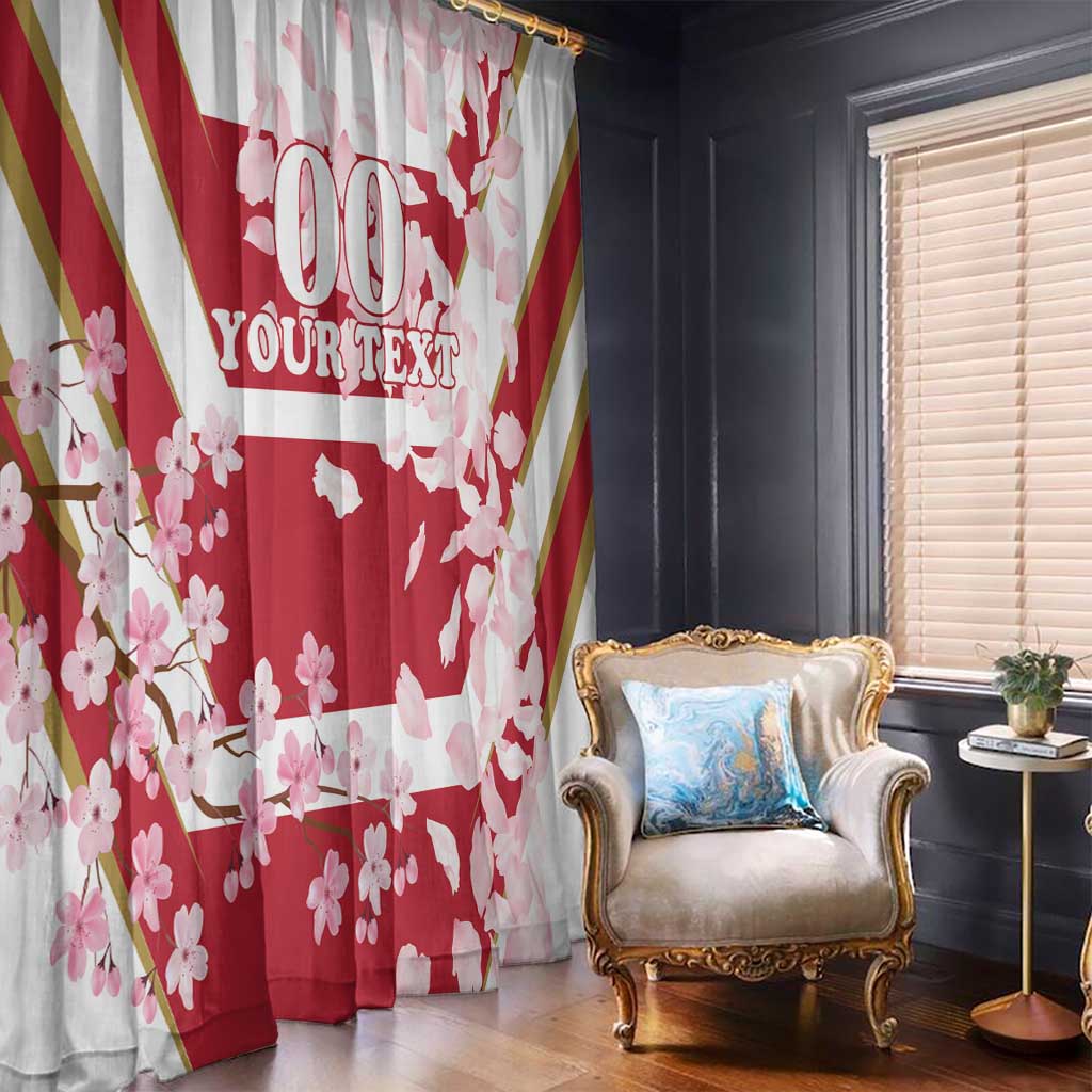 Red and white cherry blossom window curtain with custom text, hanging over the floor