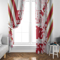 Red and white cherry blossom window curtain panels with custom text, side view by door