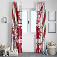 Red and white cherry blossom window curtain panels with custom text, open doorway view