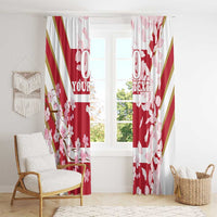 Red and white window curtain panels with cherry blossoms and custom text, centered window view