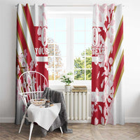 Red and white window curtain panels with cherry blossoms and custom text, framed window