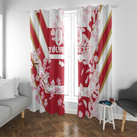 Red and white cherry blossom window curtain panels with custom text, pair beside sofa