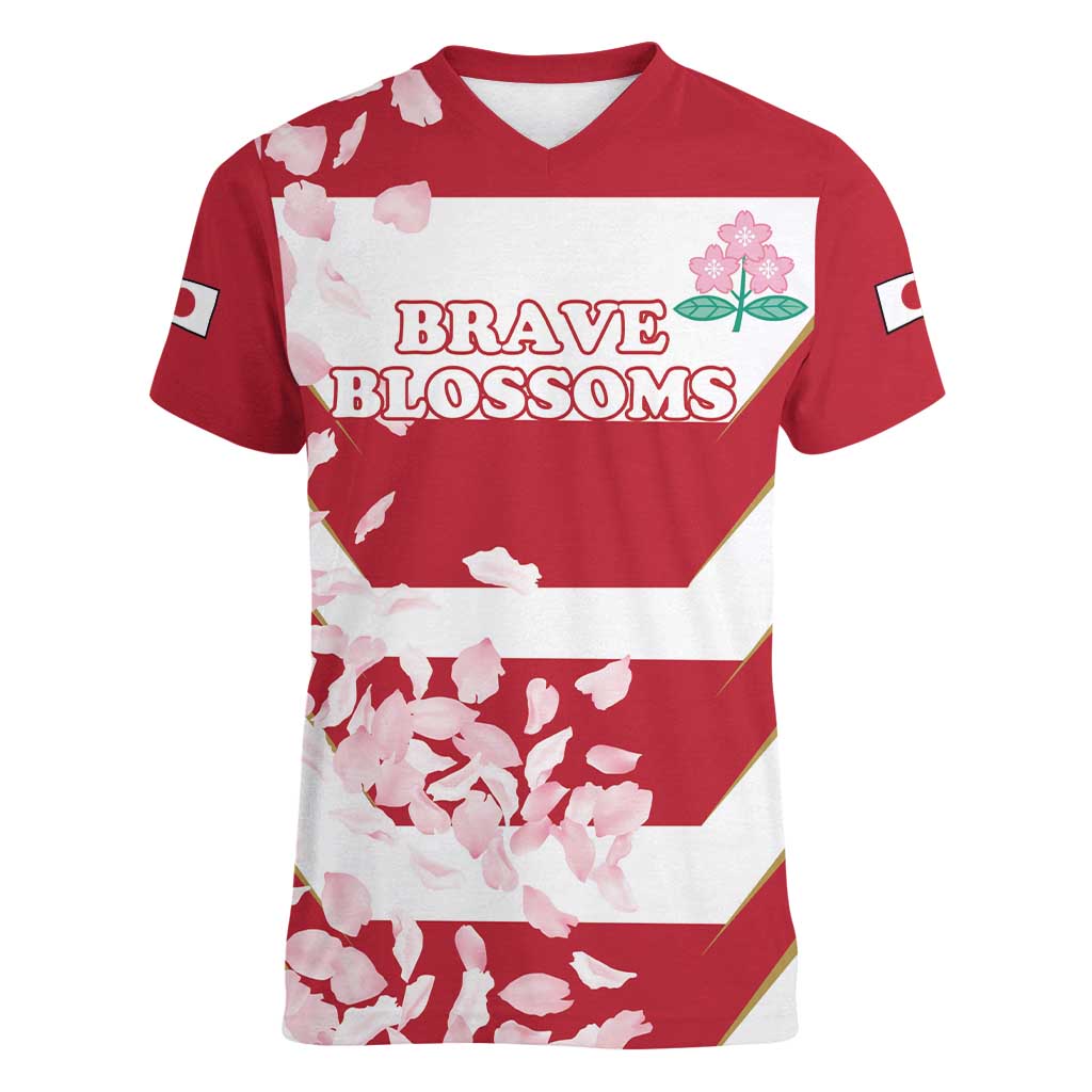 Custom Japan Rugby Women V-Neck T-Shirt Brave Cherry Blossoms Flying Petals - Wonder Print Shop