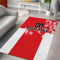 Red and white Japanese wave area rug with cherry blossoms and central text strip