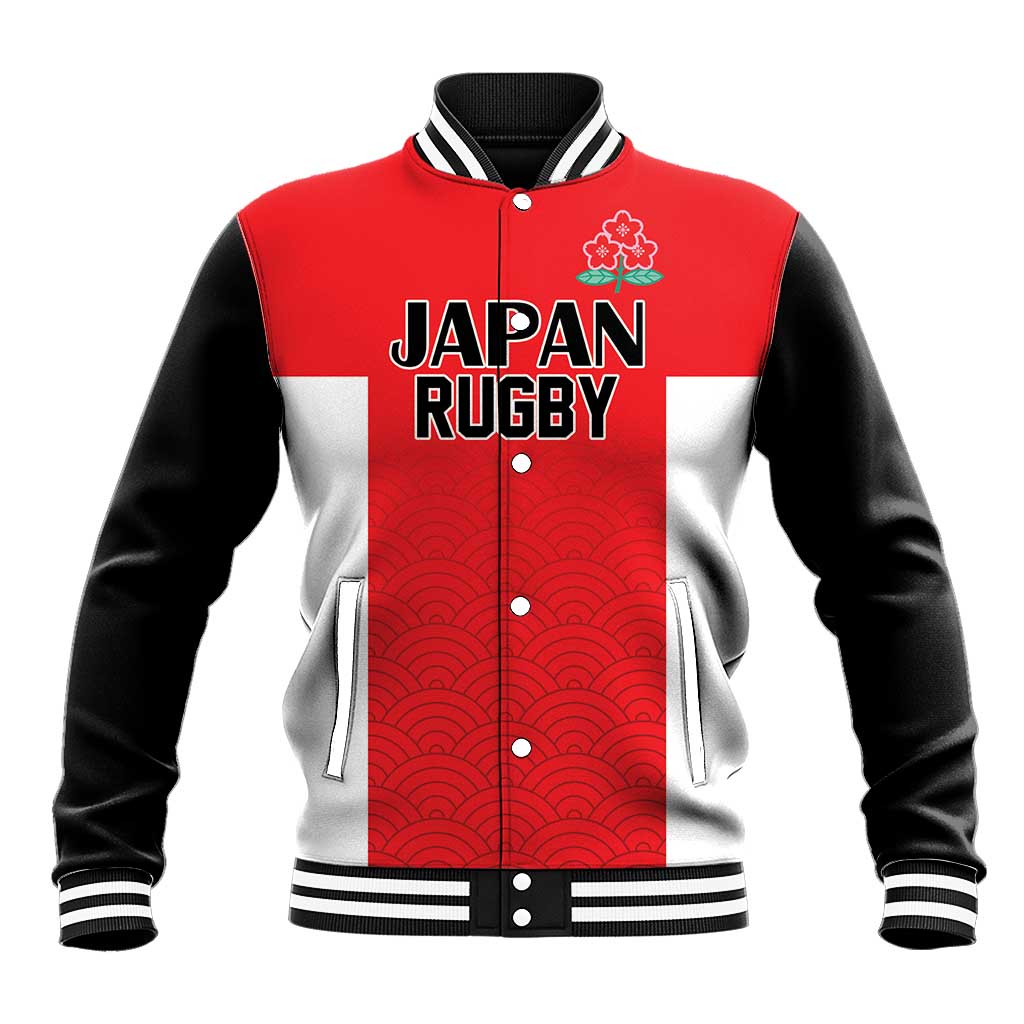 Red and black varsity baseball jacket with button front, ribbed trim, wave pattern