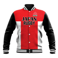 Red and black varsity baseball jacket with button front, ribbed trim, wave pattern