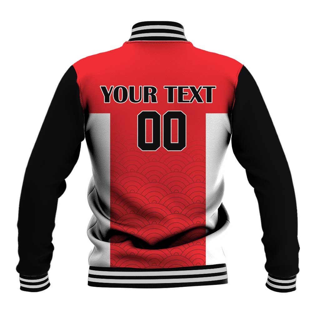 Back of red and black varsity jacket with striped collar, number 00, wave pattern