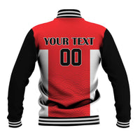 Back of red and black varsity jacket with striped collar, number 00, wave pattern
