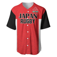Red rugby baseball jersey with black sleeves, white stripe, wave pattern, JAPAN RUGBY front
