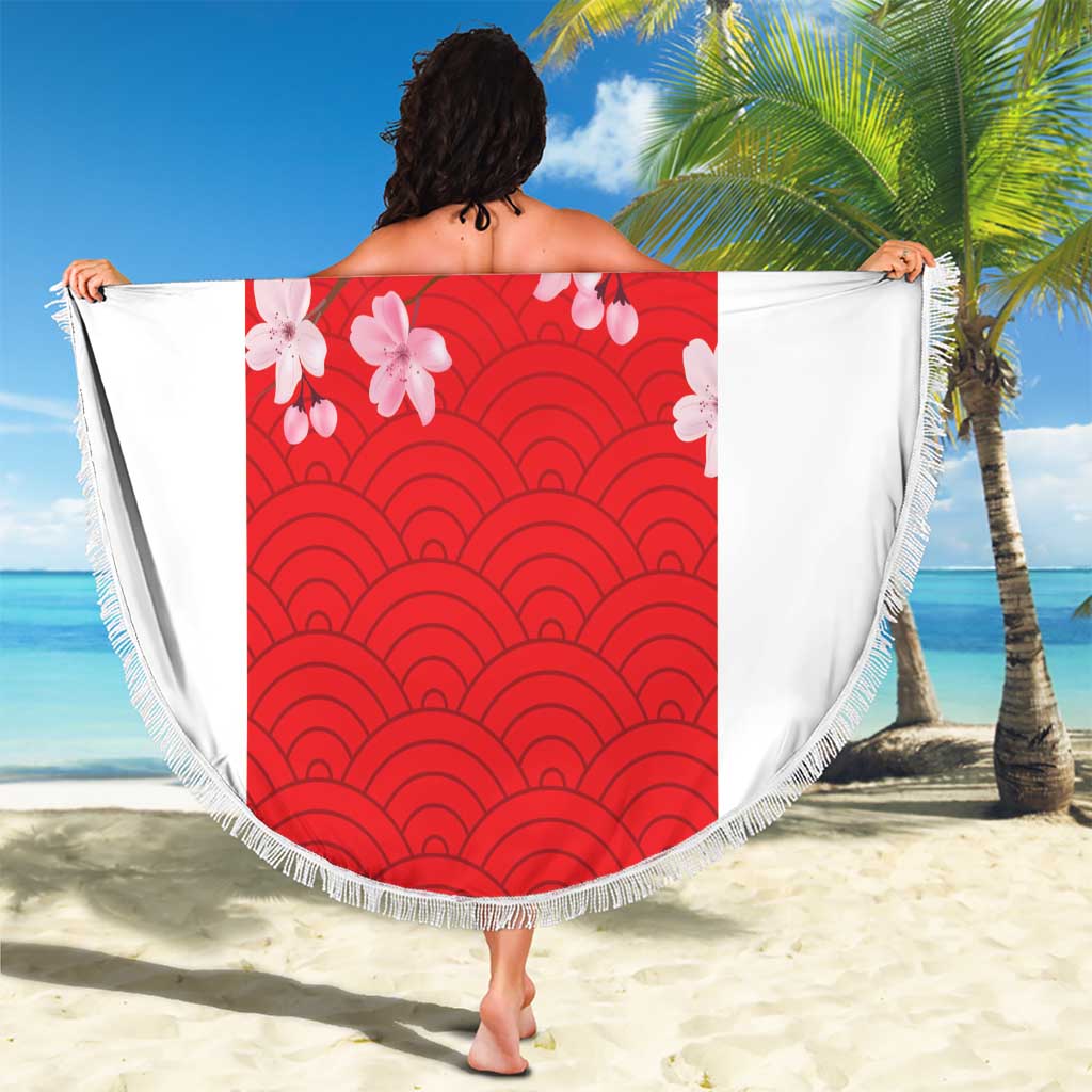 Round beach blanket with red center, white border and fringe, Japanese waves and cherry blossoms