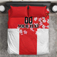 Red and white duvet cover set with wave pattern, cherry blossoms, and YOUR TEXT; 2 pillowcases