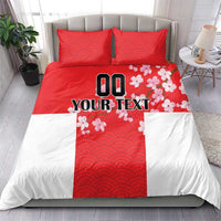 Red and white wave-pattern duvet cover with cherry blossoms and YOUR TEXT; two matching pillowcases