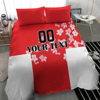 Red and white duvet cover set with wave pattern, cherry blossoms, and YOUR TEXT; included pillowcases