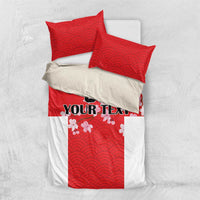 Red and white bedding set with wave pattern, cherry blossoms, and YOUR TEXT; duvet and 2 pillowcases