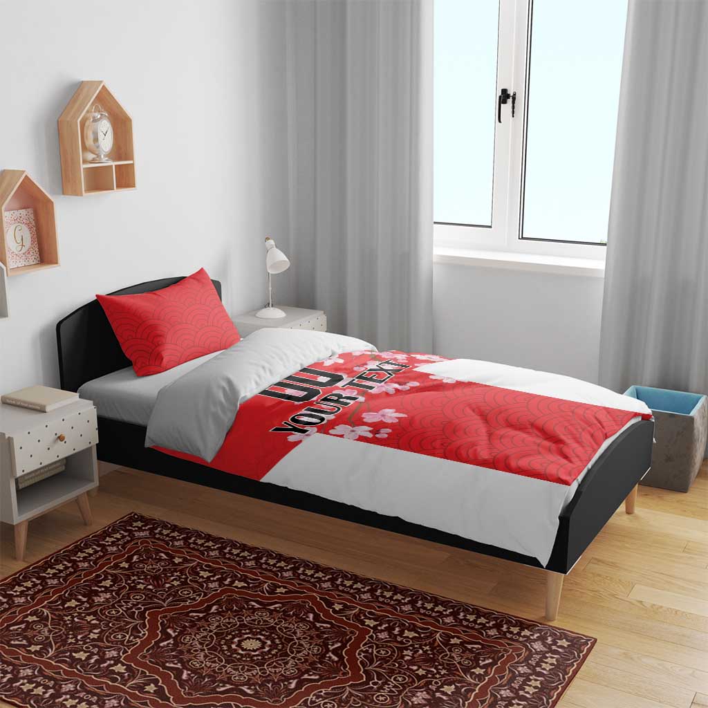 Red and white duvet cover with wave pattern and cherry blossoms, showing YOUR TEXT; 2 pillowcases