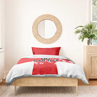 Red and white duvet cover with wave pattern and cherry blossoms, featuring YOUR TEXT; pillowcase set