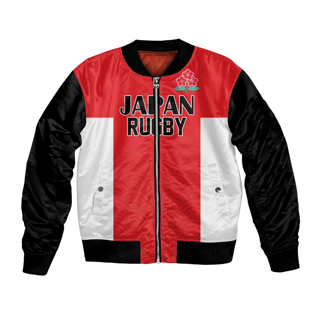 Red and black bomber jacket with white panel, front zip, ribbed cuffs, wave pattern