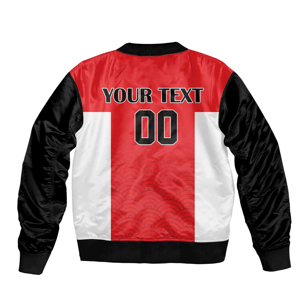 Bomber jacket with red wave panel, white side panel, black sleeves, ribbed trim, back text