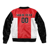 Bomber jacket with red wave panel, white side panel, black sleeves, ribbed trim, back text