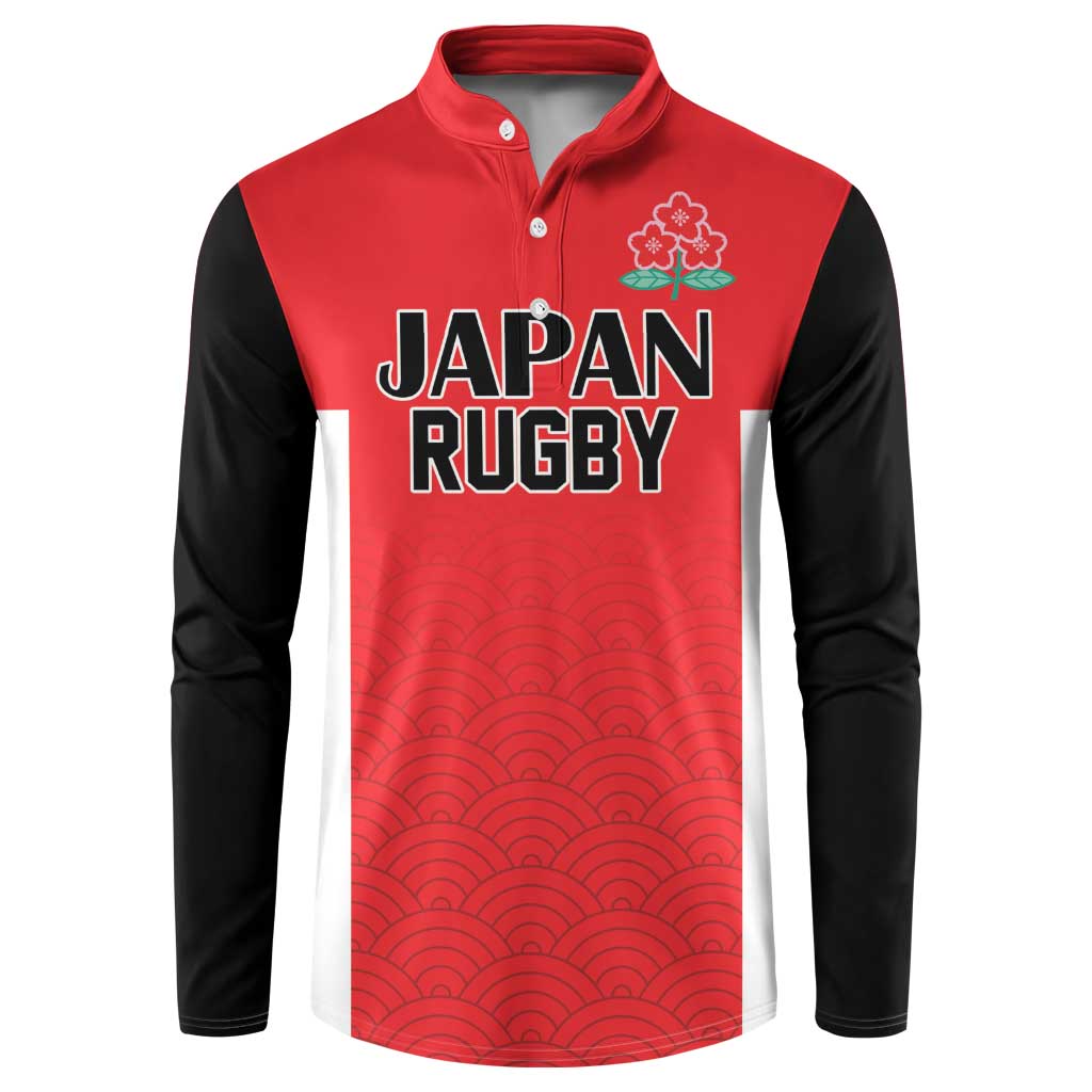 Rugby button sweatshirt in red and black with white panel, wave pattern, 'JAPAN RUGBY' print.