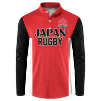 Rugby button sweatshirt in red and black with white panel, wave pattern, 'JAPAN RUGBY' print.
