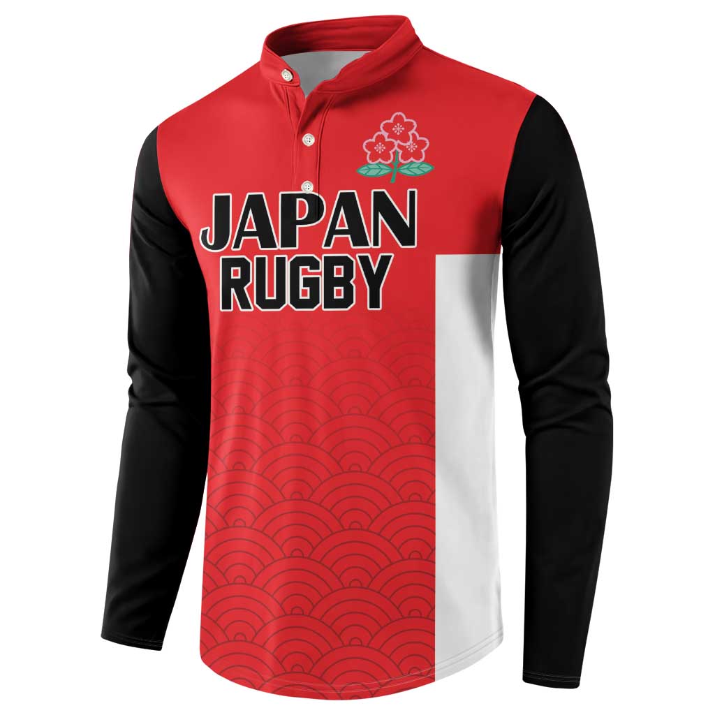 Rugby button sweatshirt in red and black with white panels, wave pattern, 'JAPAN RUGBY' print.