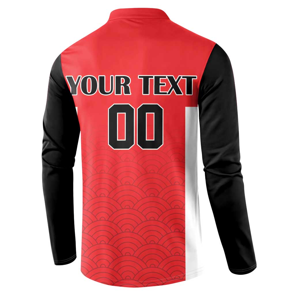 Rugby button sweatshirt in red and black with wave pattern, back 'YOUR TEXT' and '00' print.
