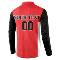 Rugby button sweatshirt in red and black with wave pattern, back 'YOUR TEXT' and '00' print.