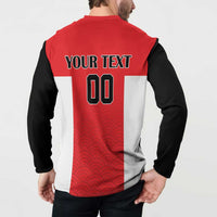 Rugby button sweatshirt in red and black with wave pattern, back 'YOUR TEXT' and '00' print.