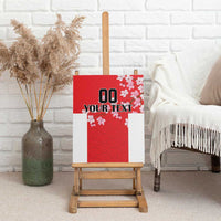 Framed red wall art canvas with cherry blossoms, wave pattern, and “YOUR TEXT” area
